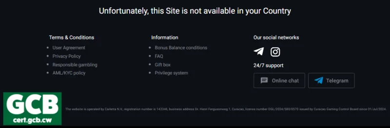Сторінка, яку віддає pin-up.world на будь-який шлях: «Unfortunately, this Site is not available in your Country», під нею рядок про Carletta N.V. і ліцензію Curacao Gaming Control Board OGL/2024/580/0570